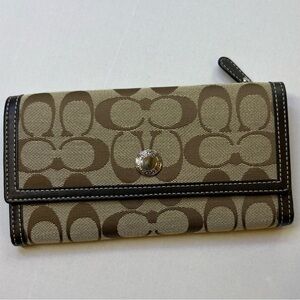 Coach Signature C Long Wallet Trifold Brown Tan Canvas Logo Print Leather Trim